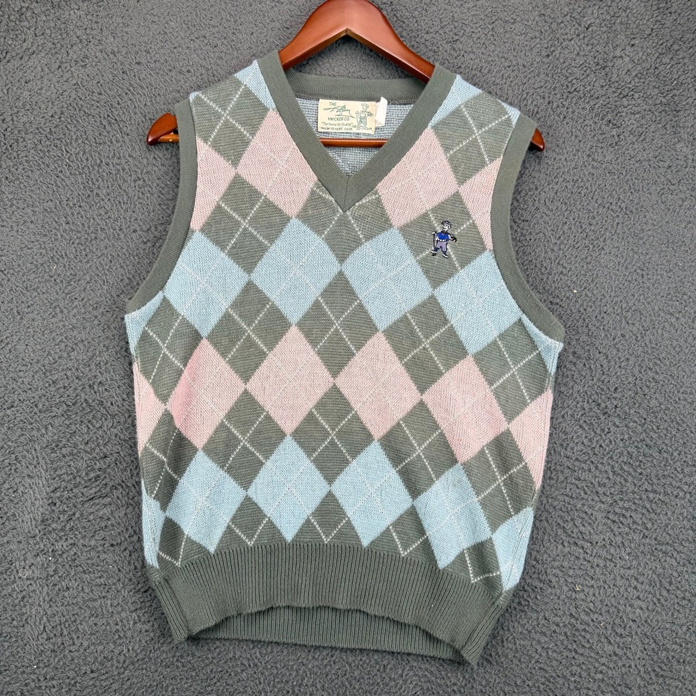 T Barry Knicker Co Vintage Argyle Sweater Vest Mens 38 Green Pink Blue USA Made